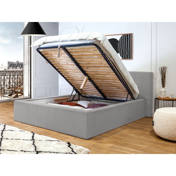 Pat matrimonial gri deschis tapițat cu spațiu de depozitare cu somieră 160x200 cm Nihad – Bobochic Paris-image-3