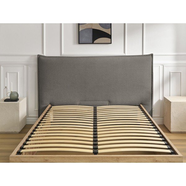 Pat matrimonial gri/taupe tapițat/din  placă aglomerată de lemn tapițat cu spațiu de depozitare cu somieră 180x200 cm Charlie – Bobochic Paris-image-4