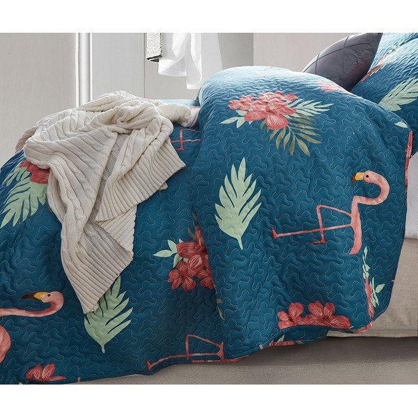 Cuvertură din micropercal cu 2 fețe de pernă Sleeptime Flamingo, 250 x 260 cm, albastru-image-1