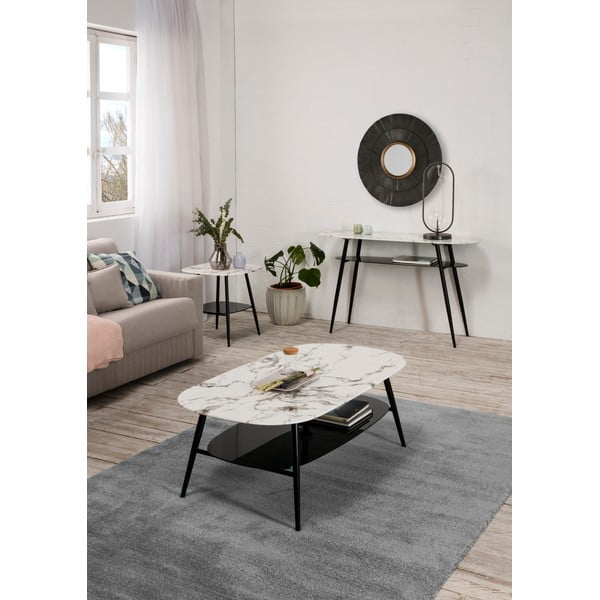 Măsuță de cafea cu blat din sticlă în decor de marmură Markeric Alina, alb-negru-image-1