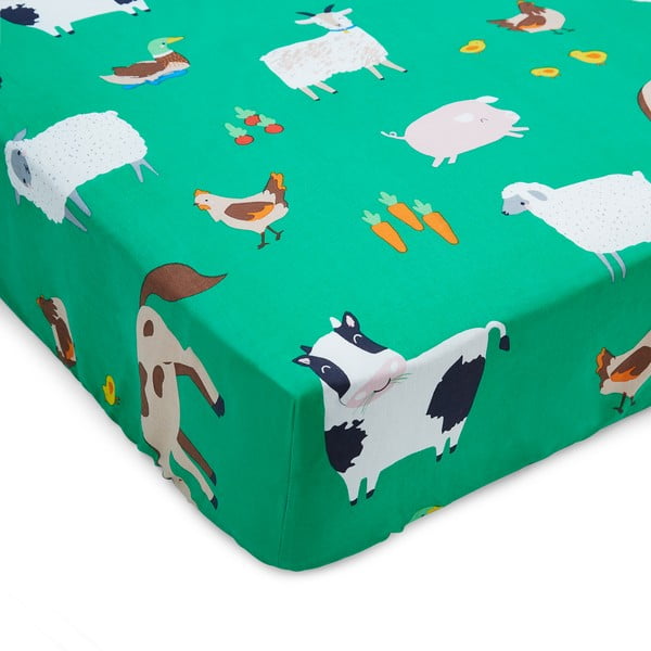 Cearceaf pentru copii verde pentru pat de o persoană cu elastic 90x190 cm Farmyard Animals – Catherine Lansfield