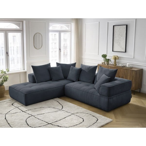 Colțar albastru închis cu tapițerie din chenille (cu colț pe partea stângă/în formă de ”L”) Whesley – Bobochic Paris-image-1