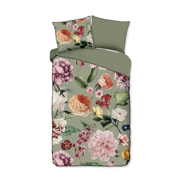 Lenjerie de pat verde din bumbac satinat pentru pat de o persoană, extinsă 140x220 cm Fiori – Descanso