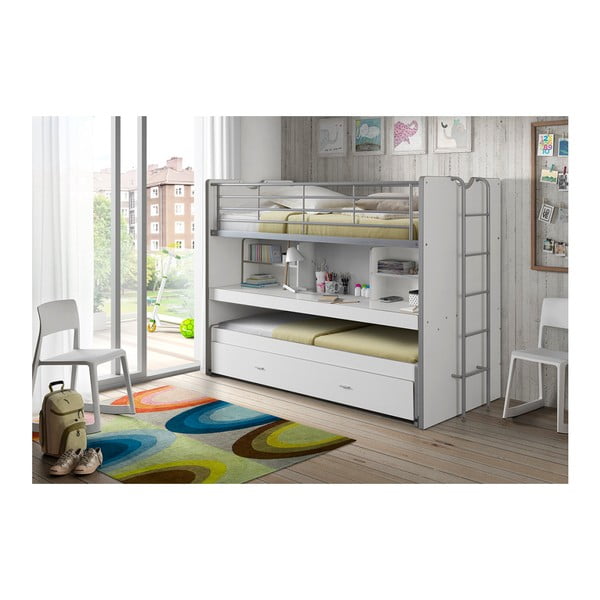 Pat pentru copii alb supraetajat/cu extensie suplimentară cu spațiu de depozitare cu somieră 90x200 cm Bonny – Vipack-image-1