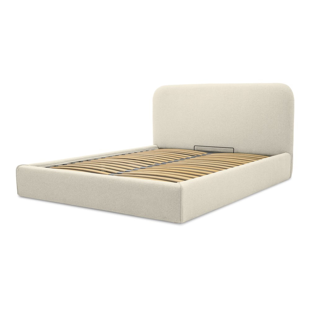Pat matrimonial crem tapițat cu spațiu de depozitare cu somieră 140x190 cm Sea – Scandic