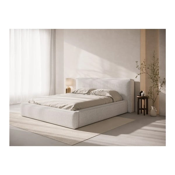 Pat matrimonial gri deschis tapițat cu spațiu de depozitare cu somieră 160x200 cm Simon Olivia – Micadoni -image-1