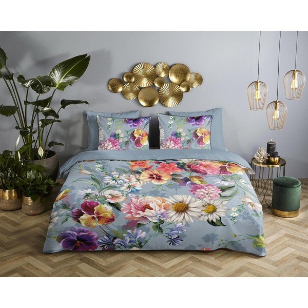 Lenjerie de pat din bumbac organic pentru pat dublu Descanso Sunflower,  200 x 220 cm, gri-image-1