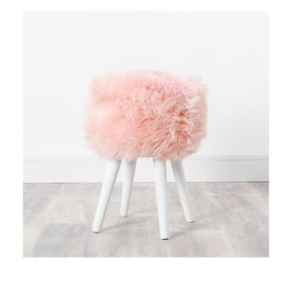 Taburet tapițat cu blană de oaie Native Natural White, ⌀ 30 cm, roz-image-2