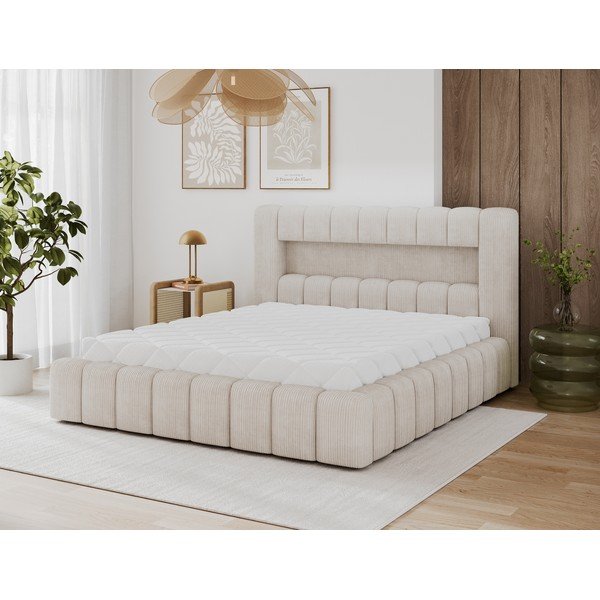 Pat matrimonial bej tapițat cu spațiu de depozitare cu somieră 140x200 cm Lamica – ELTAP-image-4