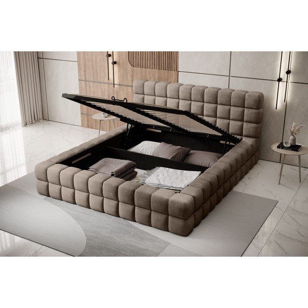 Pat matrimonial maro deschis tapițat cu spațiu de depozitare cu somieră 140x200 cm Dizzle – ELTAP-image-2