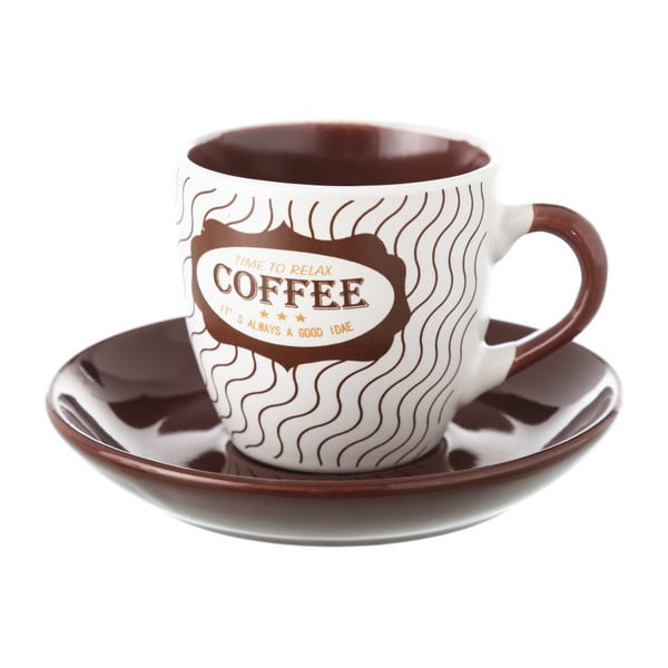 Ceașcă din ceramică și farfurie Unimasa Coffee, 100 ml, alb-maro