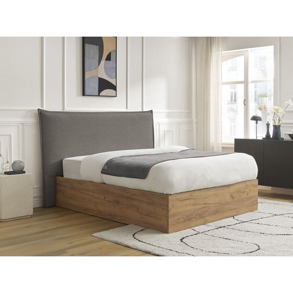 Pat matrimonial gri/taupe tapițat/din  placă aglomerată de lemn tapițat cu spațiu de depozitare cu somieră 180x200 cm Charlie – Bobochic Paris-image-2