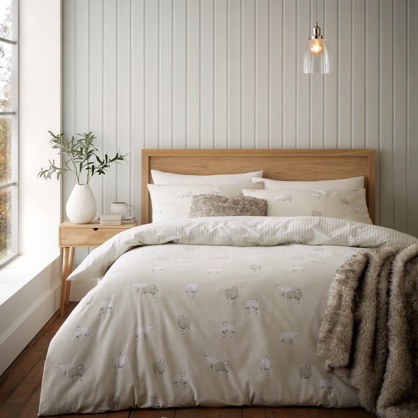 Lenjerie de pat bej din flanelă pentru pat de o persoană 135x200 cm Sheep – Catherine Lansfield-image-1