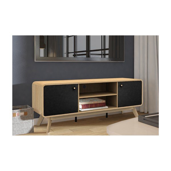 Comodă TV neagră/în culoare naturală cu aspect de lemn de stejar 140x53 cm Cassie – Støraa-image-3