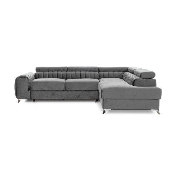 Colțar gri extensibil/cu spațiu de depozitare cu tapițerie din catifea (cu colț pe partea dreaptă/în formă de ”L”) Laurence – ELTAP