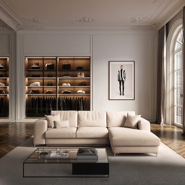 Colțar bej extensibil, cu spațiu de depozitare cu tapițerie din țesătură bouclé (cu colț pe partea dreaptă, cu șezlong) Rene – Rodier-image-1