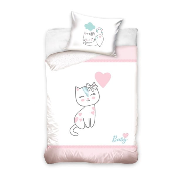 Lenjerie de pat din bumbac pentru copii CARBOTEX Kitty Pink, 100 x 135 cm