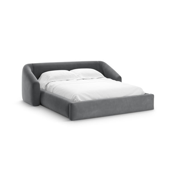 Pat matrimonial gri tapițat cu spațiu de depozitare cu somieră 200x200 cm Campi – Cosmopolitan Design