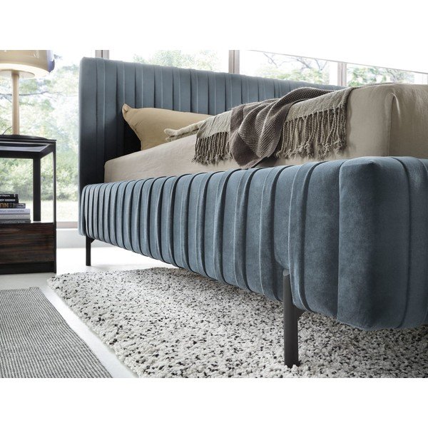 Pat matrimonial albastru tapițat cu spațiu de depozitare cu somieră 160x200 cm Plissa – ELTAP-image-3