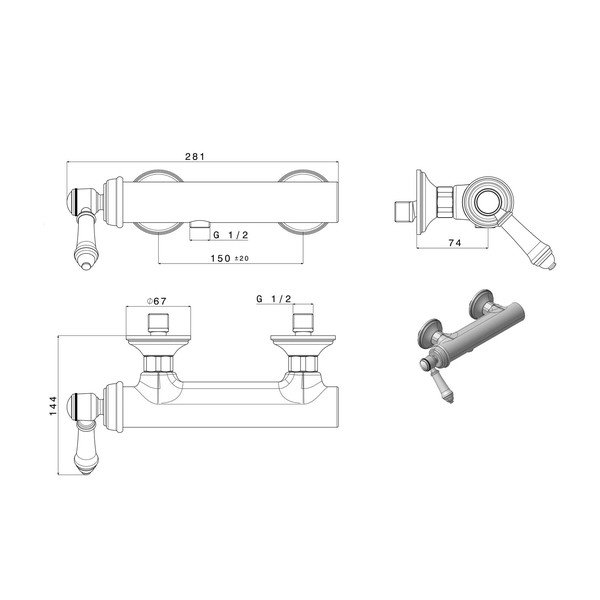 Baterie în culoarea bronzului pentru duș cu montare pe perete (1 ieșire) Vienna – Sapho-image-1