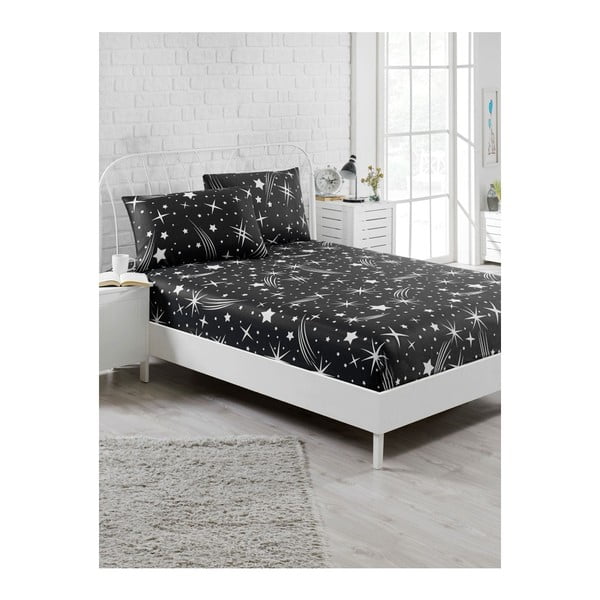 Lenjerie de pat cu cearșaf elastic și 2 fețe pernă Starry Night, 160 x 200 cm, negru