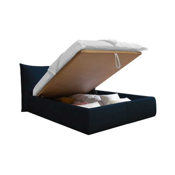 Pat matrimonial albastru închis tapițat cu spațiu de depozitare cu somieră 180x200 cm Jade – Bobochic Paris-image-3