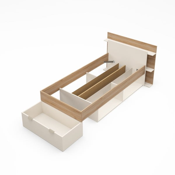 Pat alb/în culoare naturală cu aspect de lemn de stejar cu spațiu de depozitare fără somieră 90x200 cm Albo – Marckeric-image-3