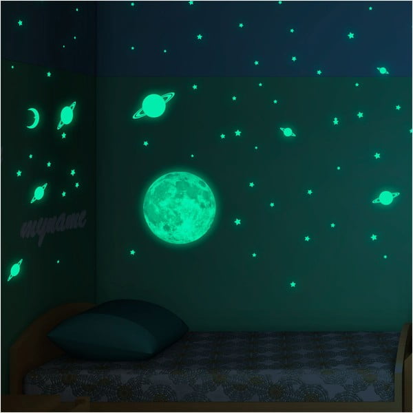 Set autocolante fosforescente de perete Ambiance Moon Stars and Planet