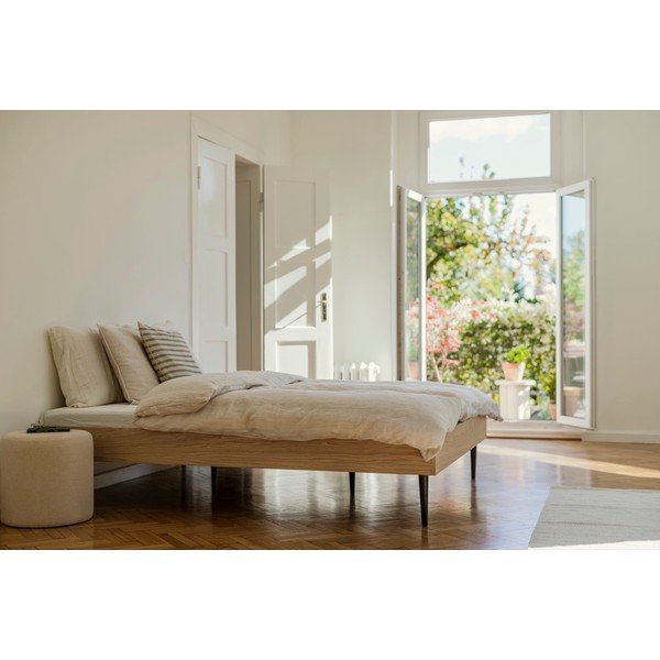 Pat matrimonial în culoare naturală din  placă aglomerată de lemn cu aspect de lemn de stejar fără tăblie cu somieră 160x200 cm Streiko – noo.ma-image-2