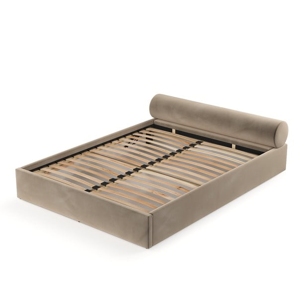 Pat matrimonial maro deschis tapițat cu spațiu de depozitare cu somieră 160x200 cm Solvo – Maison de Rêve-image-4