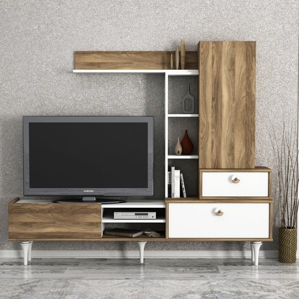 Set comodă TV și dulap de perete cu aspect de lemn de nuc Tera Home Destina, alb-natural
