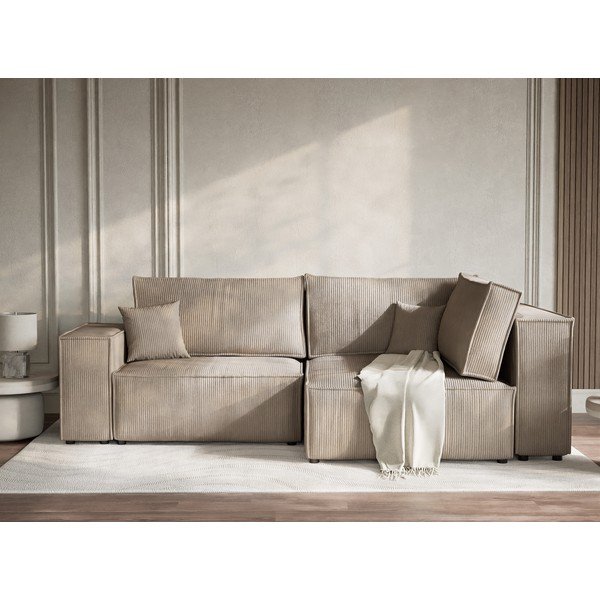 Colțar bej extensibil/cu spațiu de depozitare cu tapițerie din catifea reiată  (cu colț pe partea dreaptă/în formă de ”L”) Tonga – Maison de Rêve-image-1