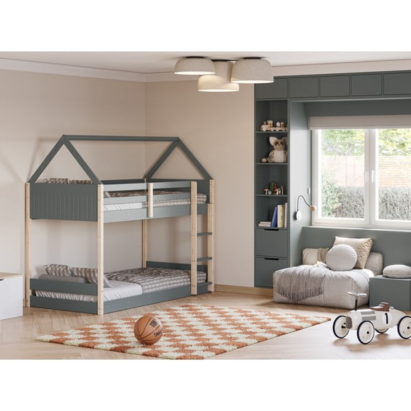 Pat pentru copii  în culoare naturală/verde prăfuit de tip casă/supraetajat cu somieră 90x190 cm Valka – Marckeric-image-4