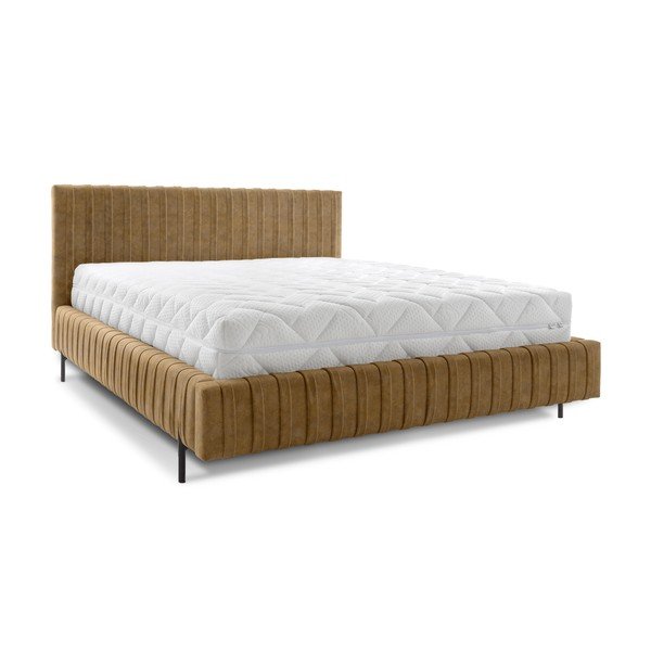 Pat matrimonial galben ocru tapițat cu spațiu de depozitare cu somieră 160x200 cm Plissa – ELTAP