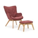 Fotoliu cu taburet roșu cu tapițerie din catifea reiată Niko – Ropez