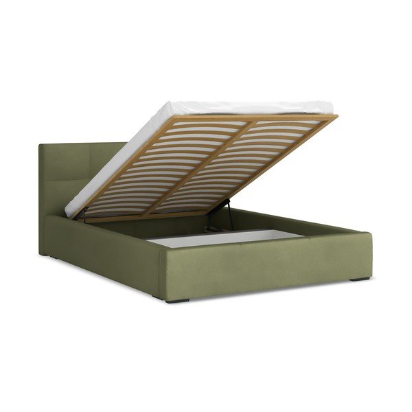 Pat matrimonial verde tapițat din catifea cu spațiu de depozitare cu somieră 140x200 cm Hiko – Makamii-image-1