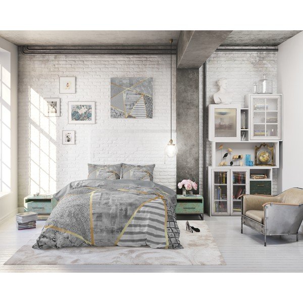 Lenjerie din bumbac pentru pat dublu Pure Cotton Graphic, 200 x 200/220 cm, gri-image-4