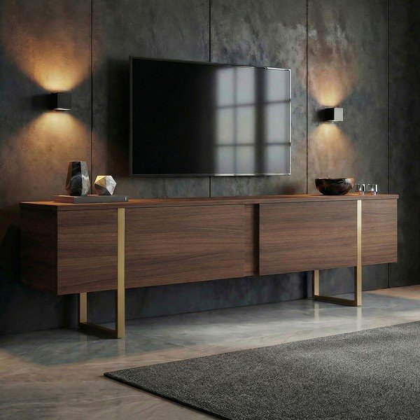 Comodă TV în culoare naturală închisă cu aspect de lemn de nuc 180x50x30 cm Onera – Kalune Design-image-1