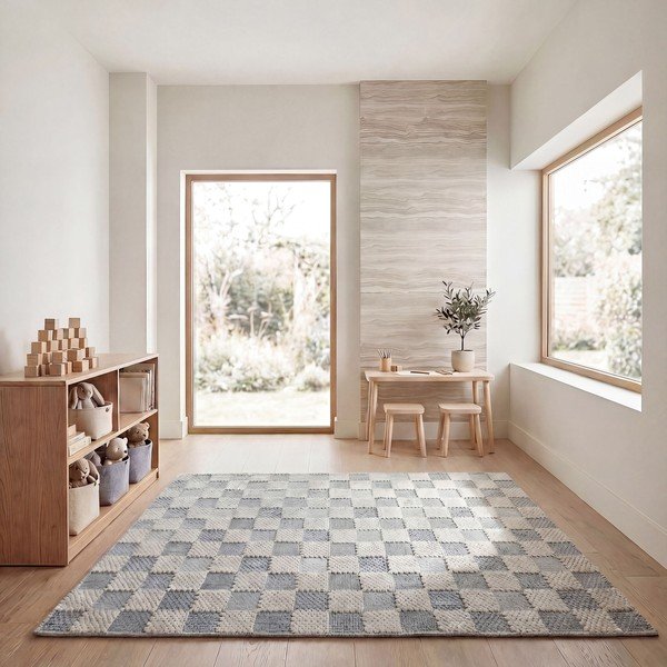 Covor albastru lavabil din amestec de bumbac 155x230 cm Muted Checkerboard – Flair Rugs-image-3