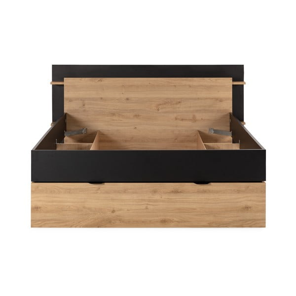 Pat matrimonial negru/în culoare naturală cu aspect de lemn de stejar cu spațiu de depozitare fără somieră 160x200 cm Albo – Marckeric-image-3