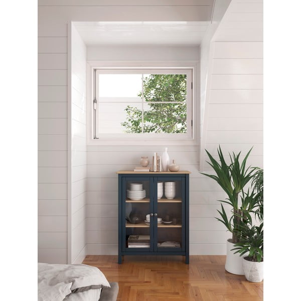 Vitrină albastru-închis/natural din lemn de pin 90x110 cm Misti – Marckeric-image-1