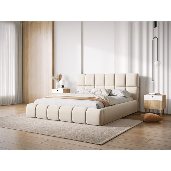 Pat matrimonial crem tapițat din catifea cu spațiu de depozitare cu somieră 200x200 cm Bellis – Micadoni -image-1