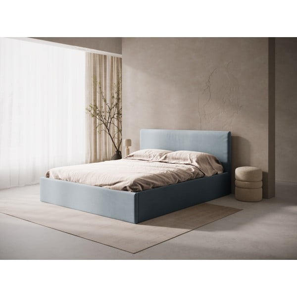 Pat matrimonial albastru deschis tapițat cu spațiu de depozitare/fără tăblie cu somieră 160x200 cm Susan – Micadoni -image-1