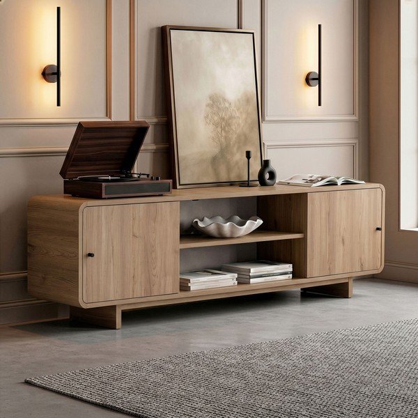 Comodă TV în culoare naturală deschisă cu aspect de lemn de stejar 180x52x34 cm Mirel – Nordure-image-2