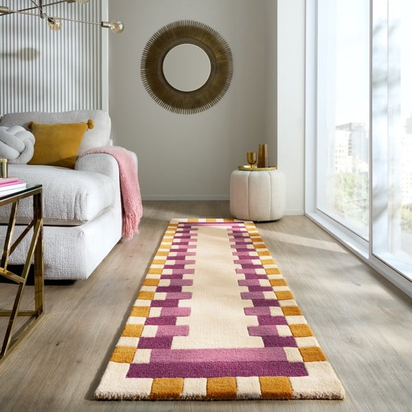 Covor tip traversă galben/roz țesut manual din lână 60x230 cm Kai Wool Border – Flair Rugs-image-1