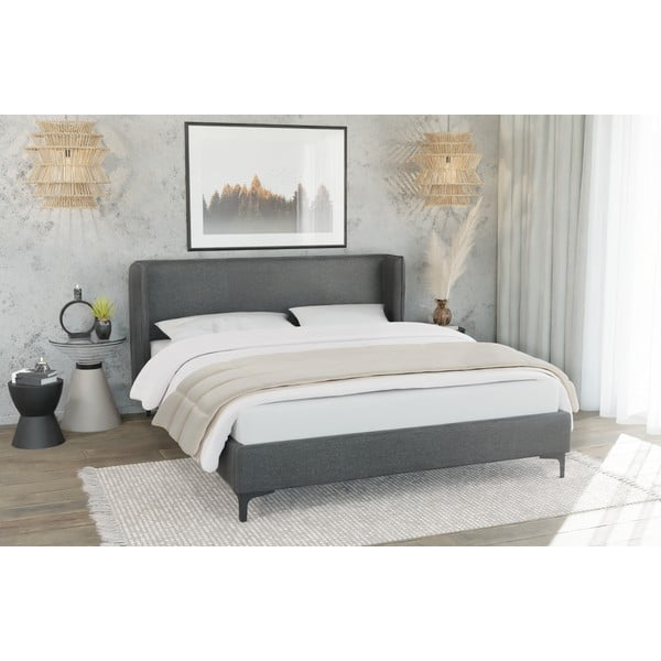 Pat matrimonial gri închis tapițat cu somieră 140x200 cm Basti – Ropez-image-3