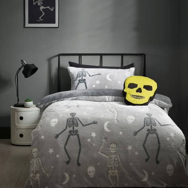 Lenjerie de pat fosforescentă pentru copii gri din micropluș/cocolino pentru pat dublu 200x200 cm Halloween Skeleton – Catherine Lansfield-image-1