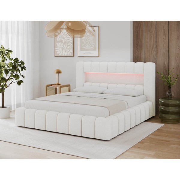 Pat matrimonial crem tapițat cu spațiu de depozitare cu somieră 160x200 cm Lamica – ELTAP-image-3