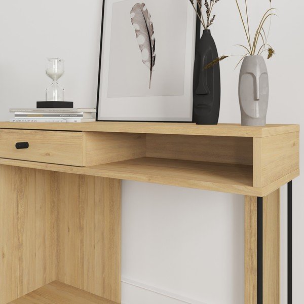 Masă consolă în culoare naturală cu blat cu aspect de lemn de stejar 35x100 cm Saturne – Marckeric-image-4