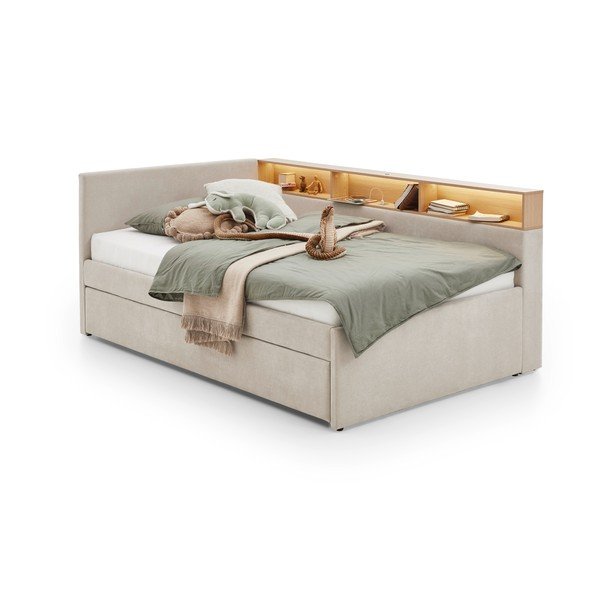 Pat pentru copii  bej pe colț cu spațiu de depozitare fără somieră 90x200 cm Uno – Meise Möbel-image-4